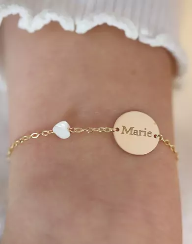 Bracelet Or Cha&icirc;ne Personnalis&eacute; Enfant Nacre C&oelig;ur