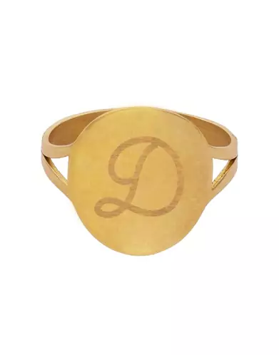 Bague Ronde Lettre Grav&eacute;e Style Calligraphie en Or Personnalisable