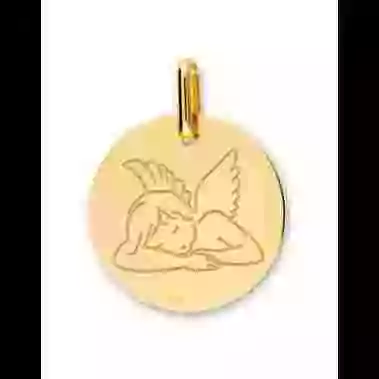 M&eacute;daille Ronde Ange qui Dort Grav&eacute; en Or Personnalisable image cachée