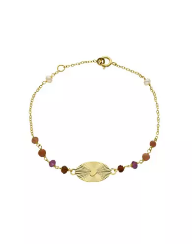 Bracelet C&oelig;ur Soleill&eacute; en Or Jaune 18K avec Pierres Roses et Violettes