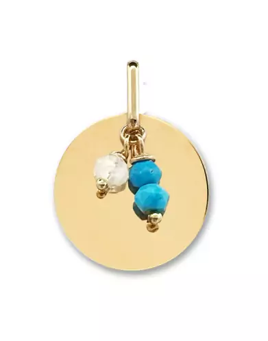 M&eacute;daille Ronde en Or Jaune 18K avec Pierre de Lune et Turquoise personnalisable
