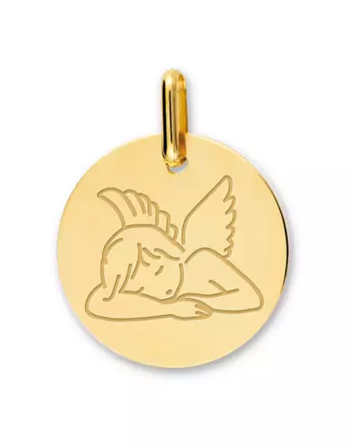M&eacute;daille Ronde Ange qui Dort Grav&eacute; en Or Personnalisable
