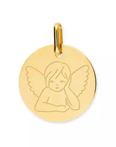 M&eacute;daille Ronde Ange Penseur Grav&eacute; en Or Personnalisable