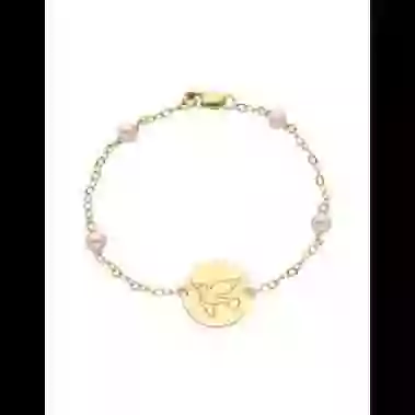 Gourmette Enfant Ronde avec Cha&icirc;ne For&ccedil;at Colombe en Or et Perles Personnalisable image cachée
