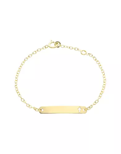 Gourmette Enfant Rectangle Ajour&eacute;e Croix avec Cha&icirc;ne For&ccedil;at en Or Personnalisable