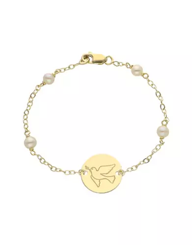 Gourmette Enfant Ronde avec Cha&icirc;ne For&ccedil;at Colombe en Or et Perles Personnalisable