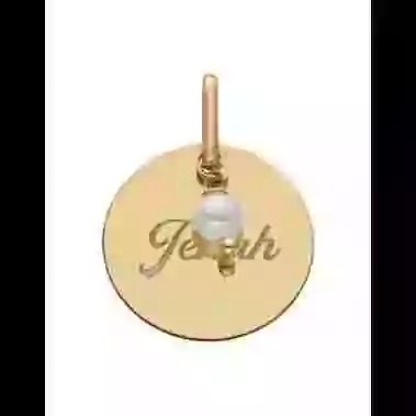 M&eacute;daille Or Ronde &agrave; Graver Perle Blanche image cachée