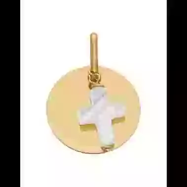 M&eacute;daille Ronde &agrave; Graver en Or Nacre Croix image cachée