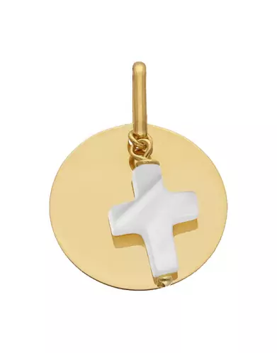 M&eacute;daille Ronde &agrave; Graver en Or Nacre Croix